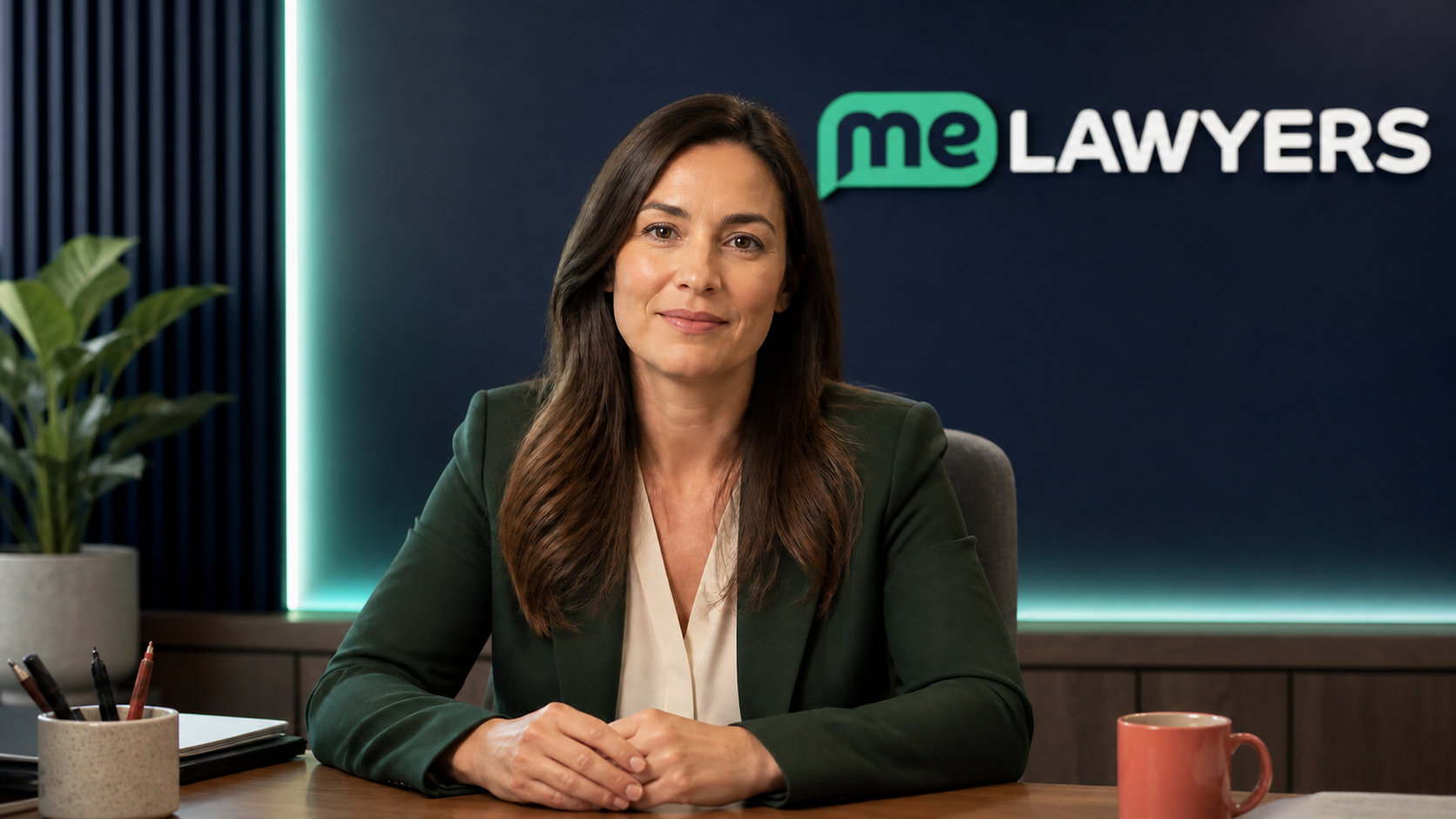 Daniela seated at the LAWCAM desk in a branded ME Lawyers studio